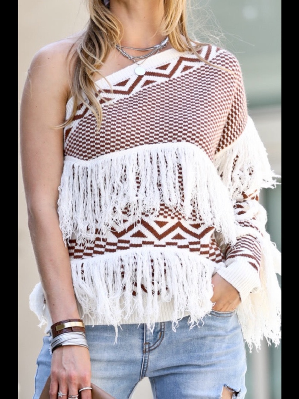 Mazik White and Brown Off-the-Shoulder Fringe Sweater